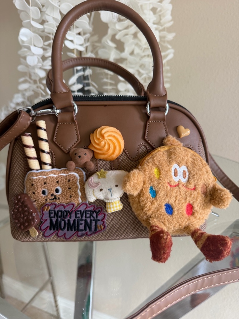 Brown Plush Cookie Character Handbag - Enjoy Every Moment